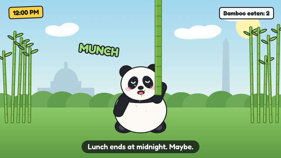 Cartoon Qing Bao chewing a bamboo stalk so tall it leaves the frame